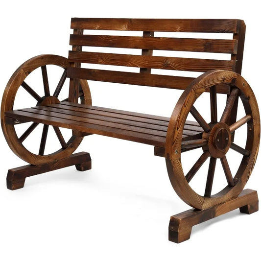41" Rustic Wooden Wheel Bench Outdoor Bench for 2 People