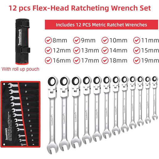 12 Flex Head Ratcheting Wrench Set 8 19mm CrV 72 Teeth Bag