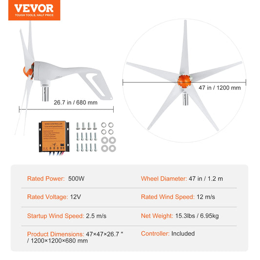 SucceBuy Wind Turbine Generator 12V 500W 800W Wind Turbine Kit Wind Power Generator with MPPT Controller for Home Farm