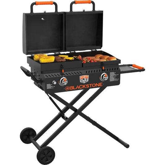 Go Combo Portable BBQ Griddle Grill Station with Wheels Legs Hood and Side Shelf Heavy Duty Flat Top for Kitchen Camping and Outdoor Use